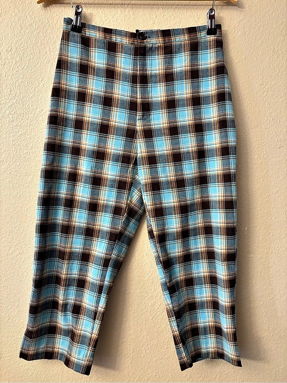 Vintage Plaid Cropped Pants Women's 6 Petite Blue Brown High Rise 90s